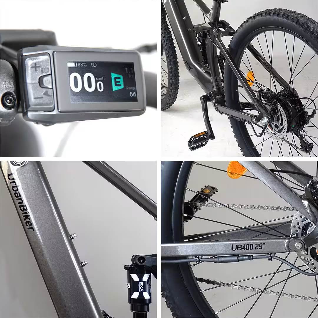 VTT Électrique Tout Suspendu URBANBIKER UB400B | Autonomie jusqu'à 140 km | Gris